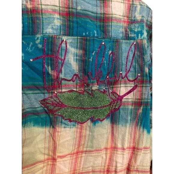 NWT Plaid Bleached Flannel Button Up Upcycled “Thankful” Size 12 Teens - Picture 2 of 3